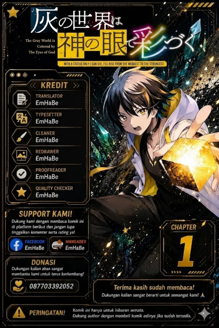 Komik Hai no Sekai wa Kami-no-me de Irodoku: Ore dake Mieru Status de, Saijaku kara Saikyou e Kageagaru Chapter 1 gambar 1